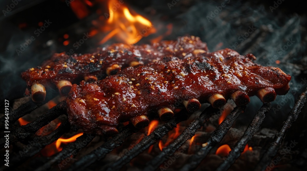 Fiery grilled spare ribs on a dark backdrop embodying the essence of street food and festival vibes Fiery grilled spare ribs on a dark backdrop embodying the essence of street food and festival vibes