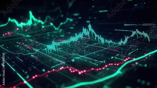 Dynamic financial data visualization with vibrant graph lines representing market trends on a dark background.