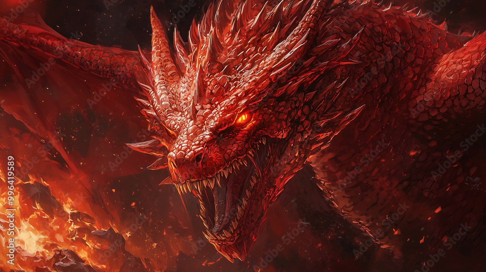 Fierce Red Dragon with Glowing Eyes and Scales in a Fiery Scene Fierce Red Dragon with Glowing Eyes and Scales in a Fiery Scene