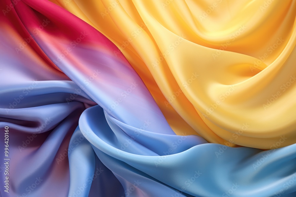 Obraz premium A close-up shot of flowing silk fabric in a mesmerizing blend of yellow, red, purple, blue, and green hues