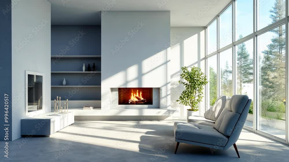 A modern living room with a fireplace and large windows overlooking a green landscape A modern living room with a fireplace and large windows overlooking a green landscape