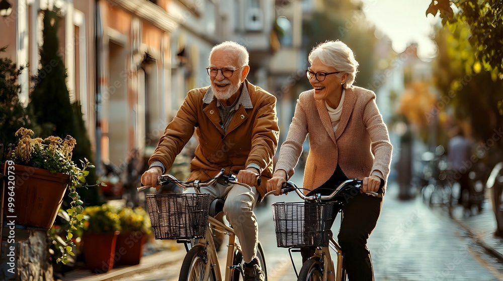 Energetic Senior Couple Cycling Through Vibrant City Street Energetic Senior Couple Cycling Through Vibrant City Street