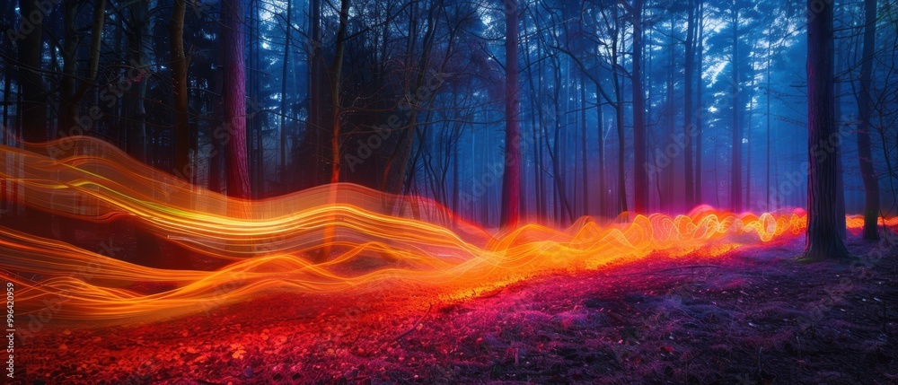 Naklejka premium Ethereal Light Trails in Mystical Forest Setting
