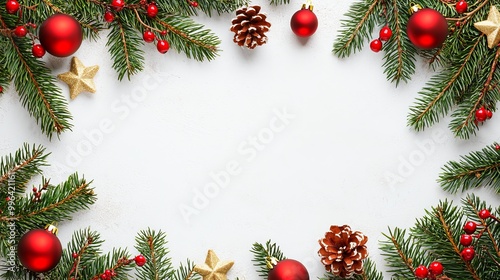 Merry Christmas and New Year. Christmas design. Fir branches, shiny gold balls, confetti and baubles. Christmas background. Festive composition