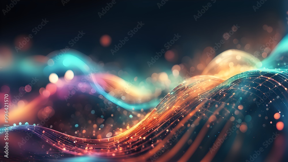 Obraz premium Abstract wavy lines of light in vibrant colors with glowing particles.
