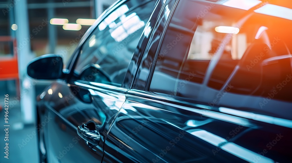 Sleek Car Window Covered in Reflective High-Tech Film for Modern Vehicle Protection Sleek Car Window Covered in Reflective High-Tech Film for Modern Vehicle Protection