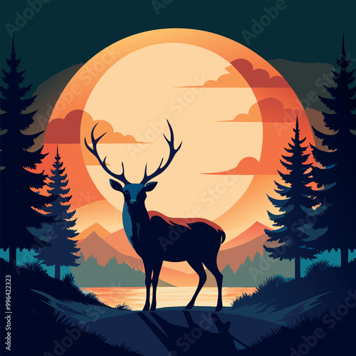 A deer with a full moon in the background vector art illustration
