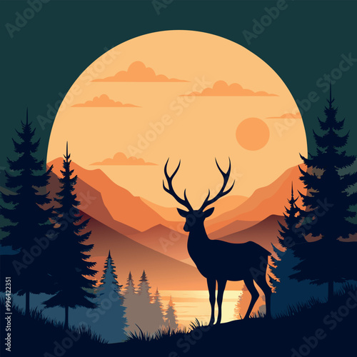 A deer with a full moon in the background vector art illustration
