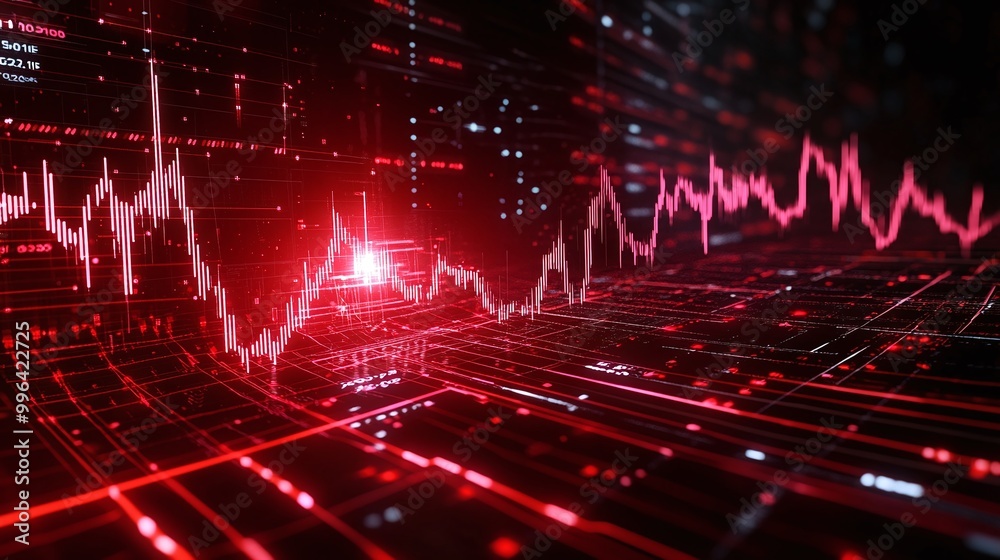 Fototapeta premium Dynamic red data visualization with graphs and lines on a digital background.