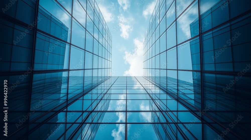 Fototapeta premium Looking up at the glass building from below, with a sky background, in the style of commercial photography