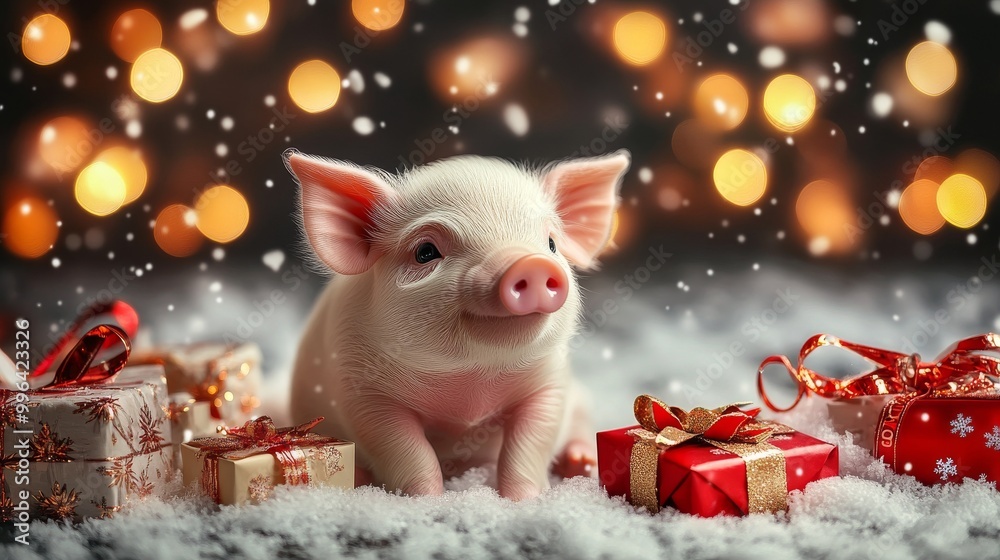 The happy piggy with the gift box Christmas on a background of a Christmas tree. The happy piggy with the gift box Christmas on a background of a Christmas tree.