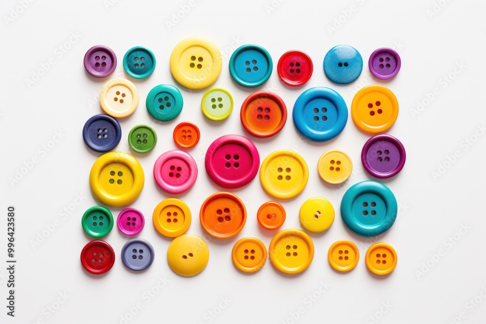 A collection of colorful buttons in various shapes and sizes, featuring a spectrum of yellow, red, purple, blue, and green hues