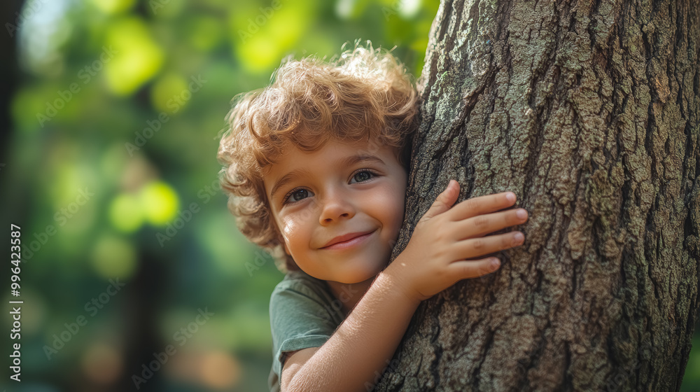 Cute little blond curly European boy hugging a thick tree trunk. Concept of forest and environment protection. Cute little blond curly European boy hugging a thick tree trunk. Concept of forest and environment protection.