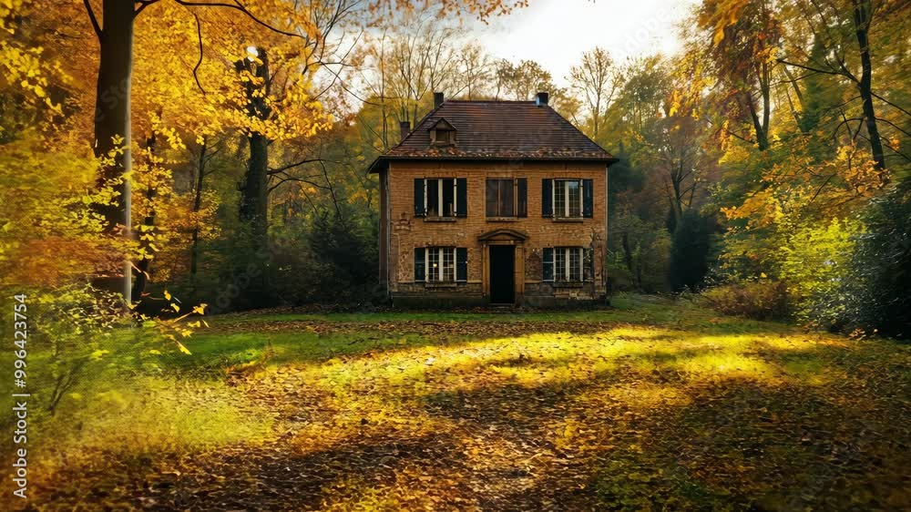 A brick house sits nestled among the trees in the fall