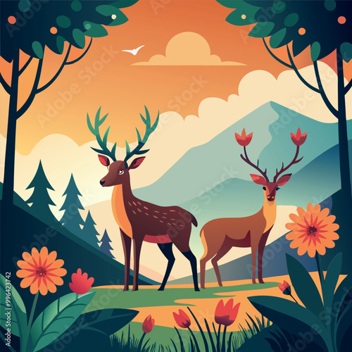 A deer with a full moon in the background vector art illustration

