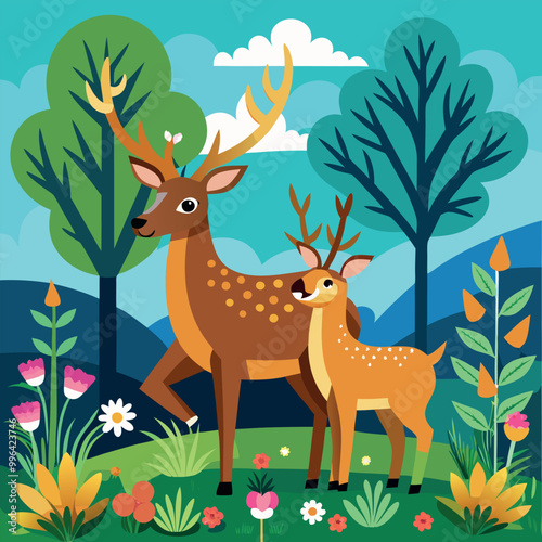 A deer with a full moon in the background vector art illustration
