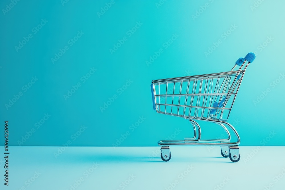 A small shopping cart on a blue background. A small shopping cart on a blue background.