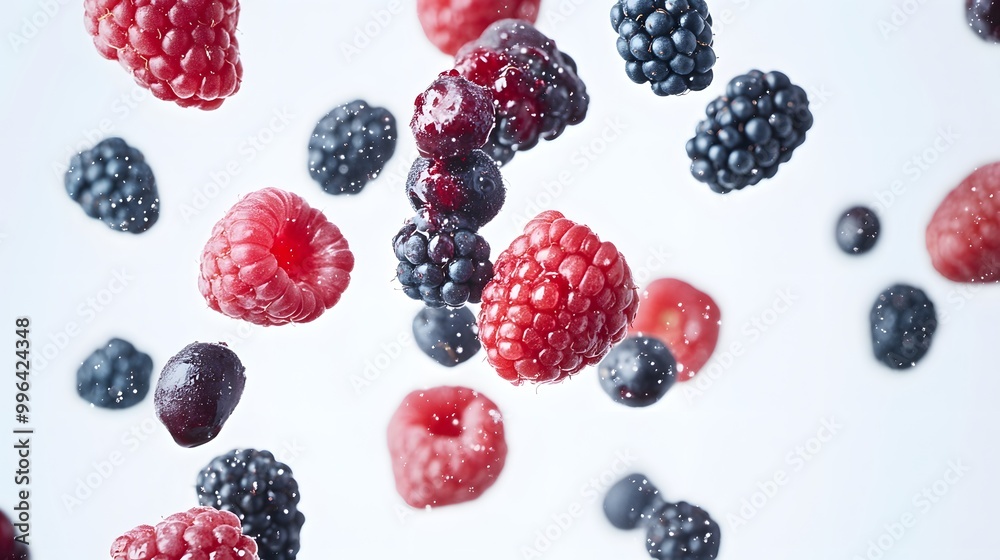 Mixed berries falling in various positions against a clean white backdrop Mixed berries falling in various positions against a clean white backdrop