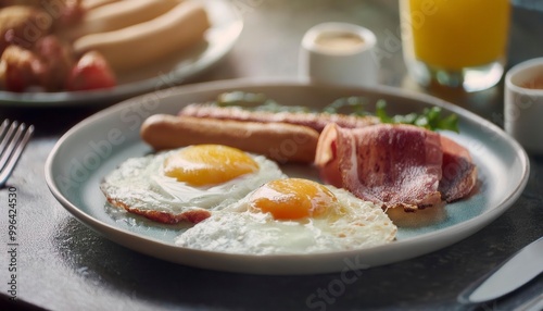 A closeup of eggs, bacon, ham, sausage and toasts. Generated image