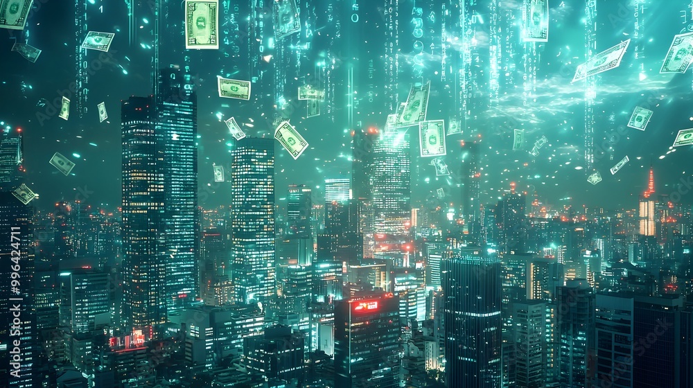 Futuristic Cityscape with Digital Money Raining from the Sky,Symbolizing Tech-Driven Economic Growth