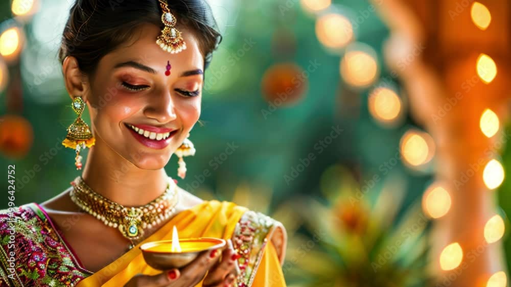 happy young Indian woman in traditional dress sari celebrating diwali festival. Beautiful smiling Indian woman holding diya candle. Festival of Lights in India. Diwali Tradition: Lighting Oil Lamps