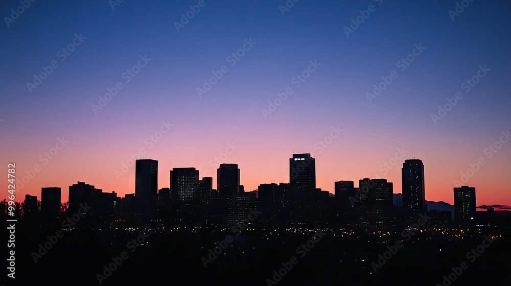 Fototapeta premium A silhouette of the downtown skyline at twilight, with the last light of day fading and city lights beginning to twinkle.