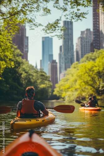 A man kayaking in water with background of city skyscrapers photo