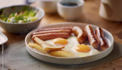 English breakfast on a plate with fried eggs, sausages, bacon, beans, toasts and coffee. Generated image