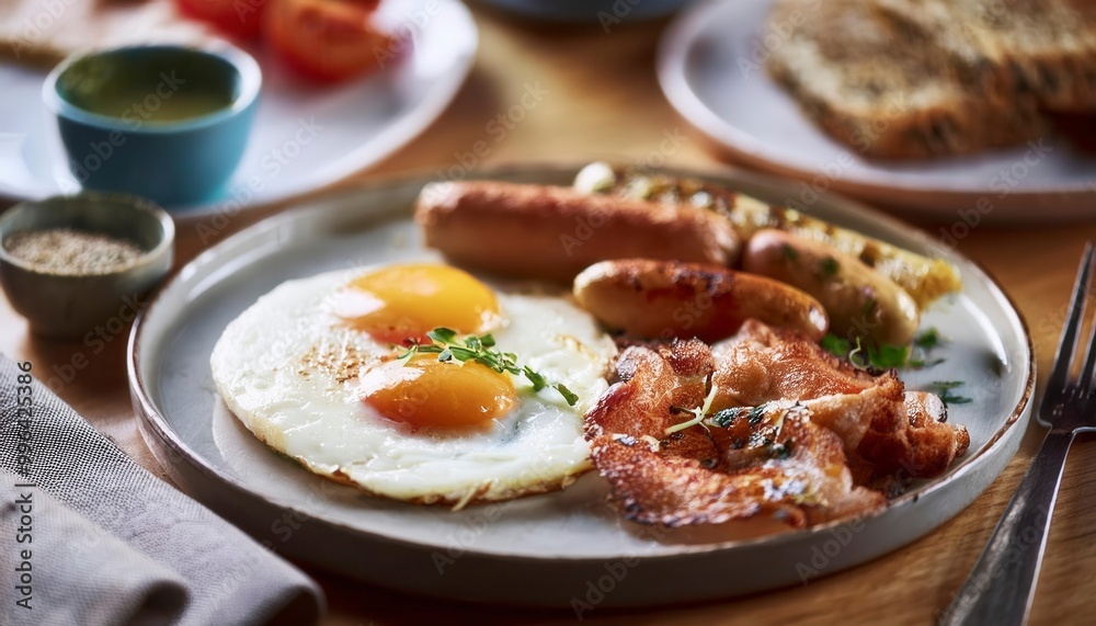 English breakfast on a plate with fried eggs, sausages, bacon, beans, toasts and coffee. Generated image English breakfast on a plate with fried eggs, sausages, bacon, beans, toasts and coffee. Generated image