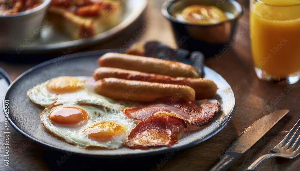 English breakfast on a plate with fried eggs, sausages, bacon, beans, toasts and coffee. Generated image English breakfast on a plate with fried eggs, sausages, bacon, beans, toasts and coffee. Generated image