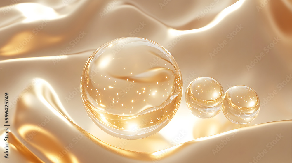 Cosmetic 3D golden liquid bubbles form on a bright background, evoking luxury and elegance,Radiant Elixir: Hyaluronic Acid Derm Product Infuses White and Gold Glow. Cosmetic 3D golden liquid bubbles form on a bright background, evoking luxury and elegance,Radiant Elixir: Hyaluronic Acid Derm Product Infuses White and Gold Glow.