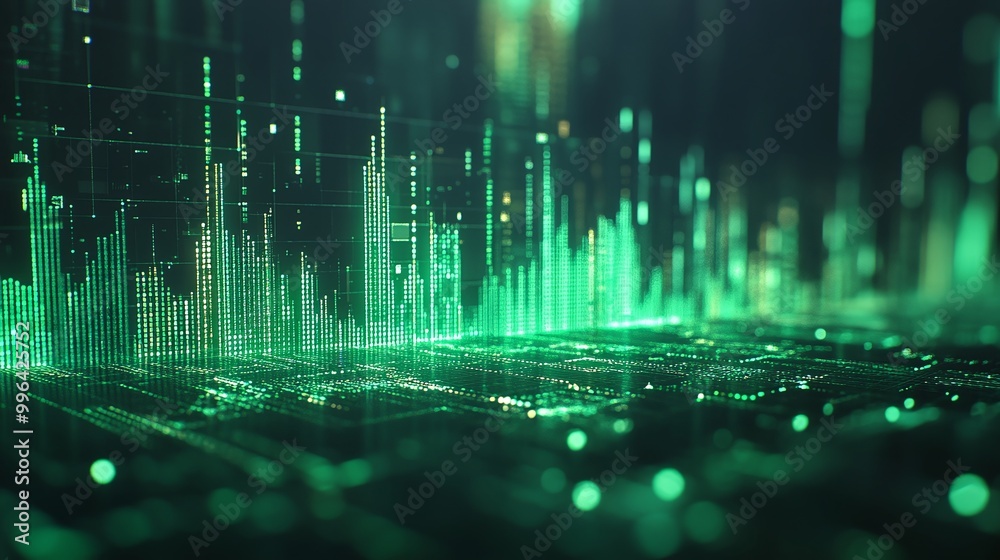 Futuristic city skyline represented in green digital aesthetics with shimmering lights.