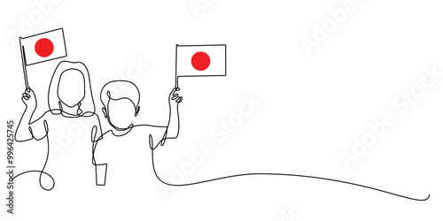 continuous line of boy and girl carrying japanese flag.one line drawing of son and daughter with japanese flag.japanese independence day.single line vector