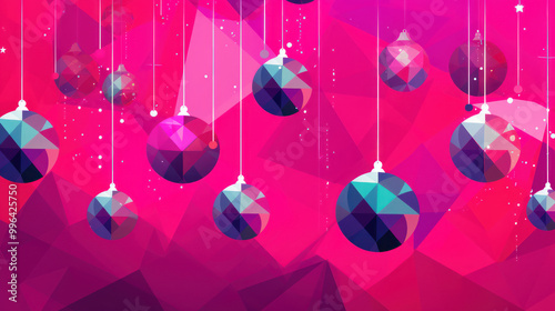 Illustration of christmas balls with geometric shapes on a fuchsia background