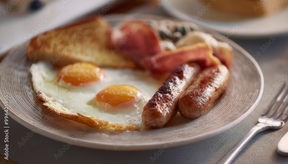 English breakfast on a plate with fried eggs, sausages, bacon, beans, toasts and coffee. Generated image English breakfast on a plate with fried eggs, sausages, bacon, beans, toasts and coffee. Generated image