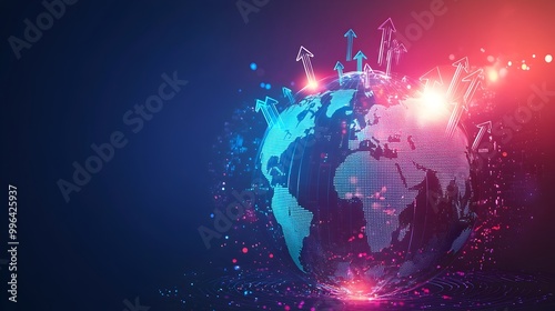 Glowing Globe with Upward Pointing Arrows Symbolizing Economic Recovery and Interconnected Markets