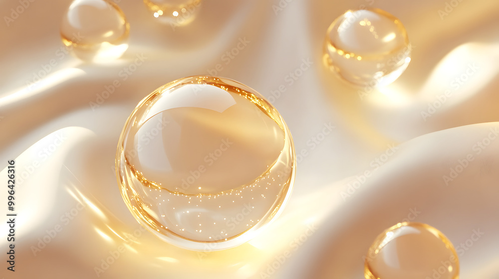 Cosmetic 3D golden liquid bubbles form on a bright background, evoking luxury and elegance,Radiant Elixir: Hyaluronic Acid Derm Product Infuses White and Gold Glow. Cosmetic 3D golden liquid bubbles form on a bright background, evoking luxury and elegance,Radiant Elixir: Hyaluronic Acid Derm Product Infuses White and Gold Glow.