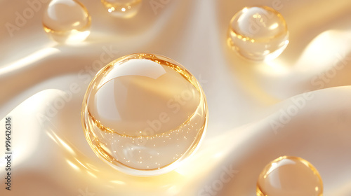 Cosmetic 3D golden liquid bubbles form on a bright background, evoking luxury and elegance,Radiant Elixir: Hyaluronic Acid Derm Product Infuses White and Gold Glow.
