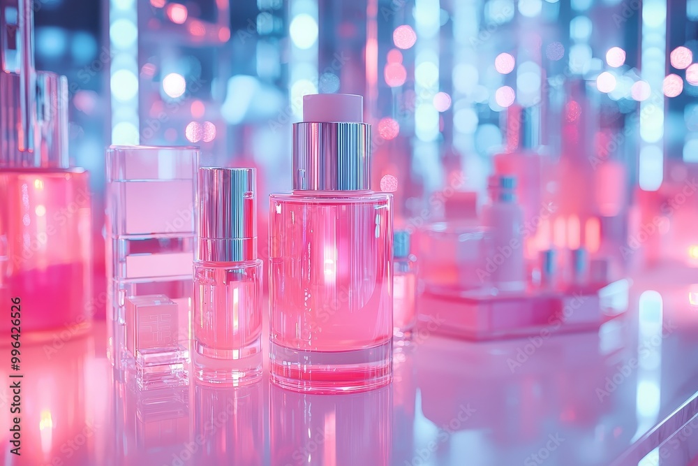 The mockup displays cosmetic liquid in a transparent bottle surrounded by a glass vase. The mockup displays cosmetic liquid in a transparent bottle surrounded by a glass vase.