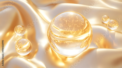 Cosmetic 3D golden liquid bubbles form on a bright background, evoking luxury and elegance,Radiant Elixir: Hyaluronic Acid Derm Product Infuses White and Gold Glow.