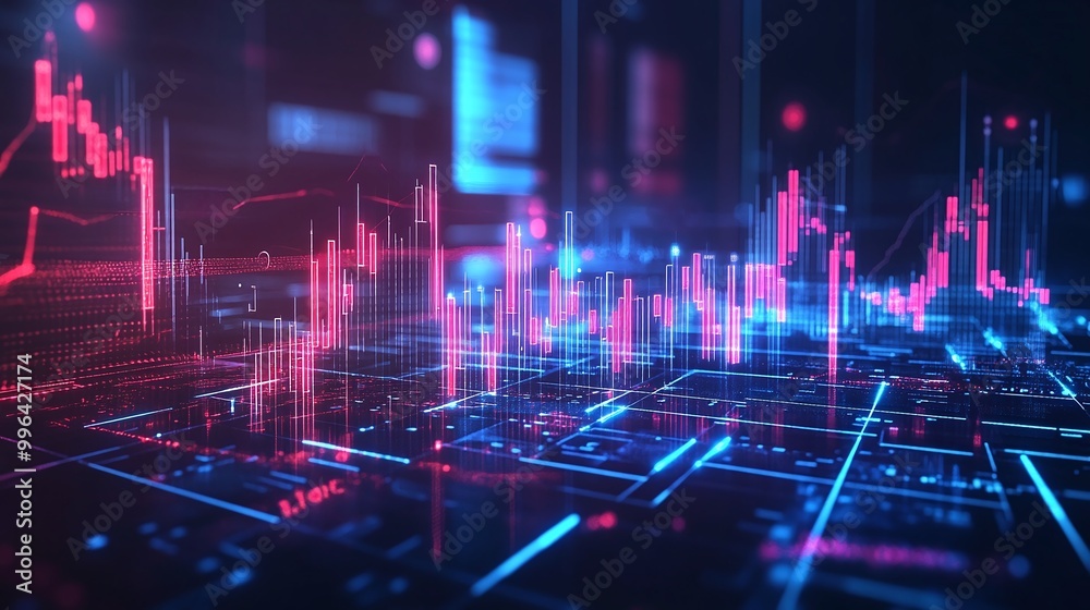 Futuristic data visualization with glowing charts and graphs in blue and pink hues. Futuristic data visualization with glowing charts and graphs in blue and pink hues.