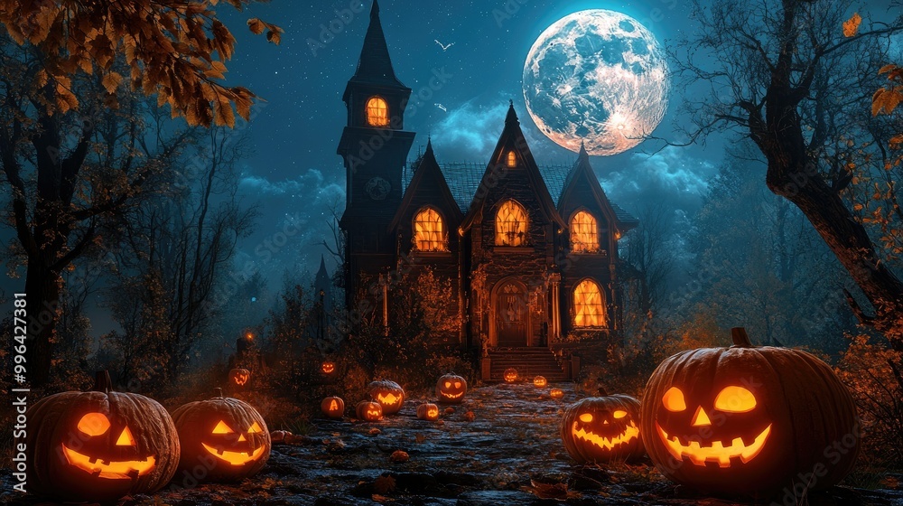 A spooky Halloween night scene with a full moon illuminating a haunted house surrounded by carved pumpkins and eerie trees. A spooky Halloween night scene with a full moon illuminating a haunted house surrounded by carved pumpkins and eerie trees.