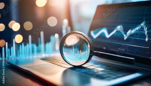 Magnifying glass, laptop and statistics charts as analysis for stock market. Generated image photo