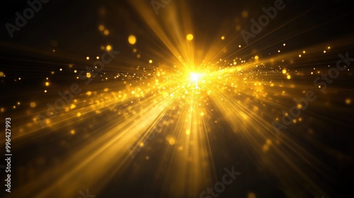 Abstract yellow and gold light rays form a glowing star flare effect on a deep black background, creating a dramatic scene.