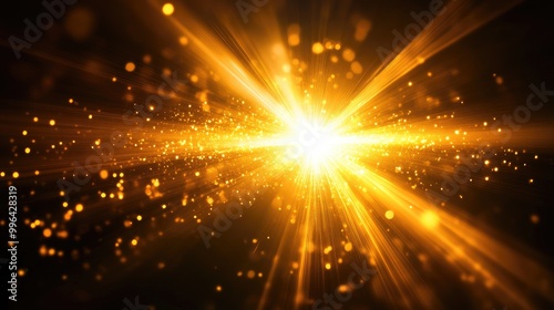 Abstract yellow and gold light rays form a glowing star flare effect on a deep black background, creating a dramatic scene.