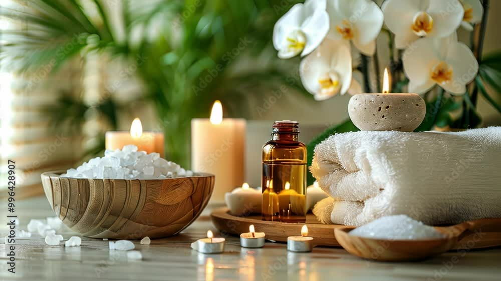 A spa setting with rolled towels, orchids and aromatic candles, creating a calming atmosphere. Beautiful spa composition with towels, oils and sea salt. Beauty spa treatment and relax concept.
A spa setting with rolled towels, orchids and aromatic candles, creating a calming atmosphere. Beautiful spa composition with towels, oils and sea salt. Beauty spa treatment and relax concept.