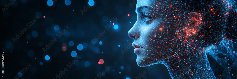 A digital portrait of a woman, with glowing lines and dots, evokes feelings of mystery and wonder. A digital portrait of a woman, with glowing lines and dots, evokes feelings of mystery and wonder.
