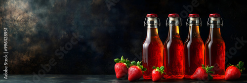 Fermented Strawberry Kombucha Beverage with Scoby in a Bottle, Natural and Healthy Probiotic Drink