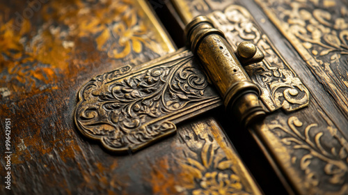 Detailed view of an intricately designed brass hinge on a weathered wooden surface, showcasing vintage craftsmanship and decorative metalwork.

