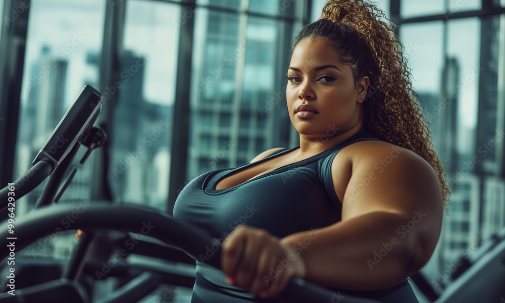 Obraz premium Confident Plus-Size Model Working Out in Sleek Futuristic Gym with City Skyline View